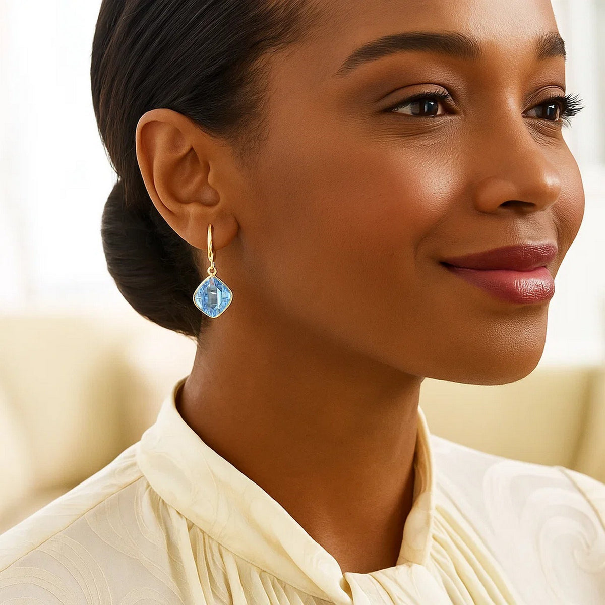 Drop Earrings with Blue Topaz Cushion Briolettes in 14k Yellow Gold