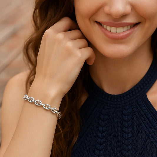 Sterling Silver Rhodium Plated Puffed Mariner Bracelet (5.90 mm)