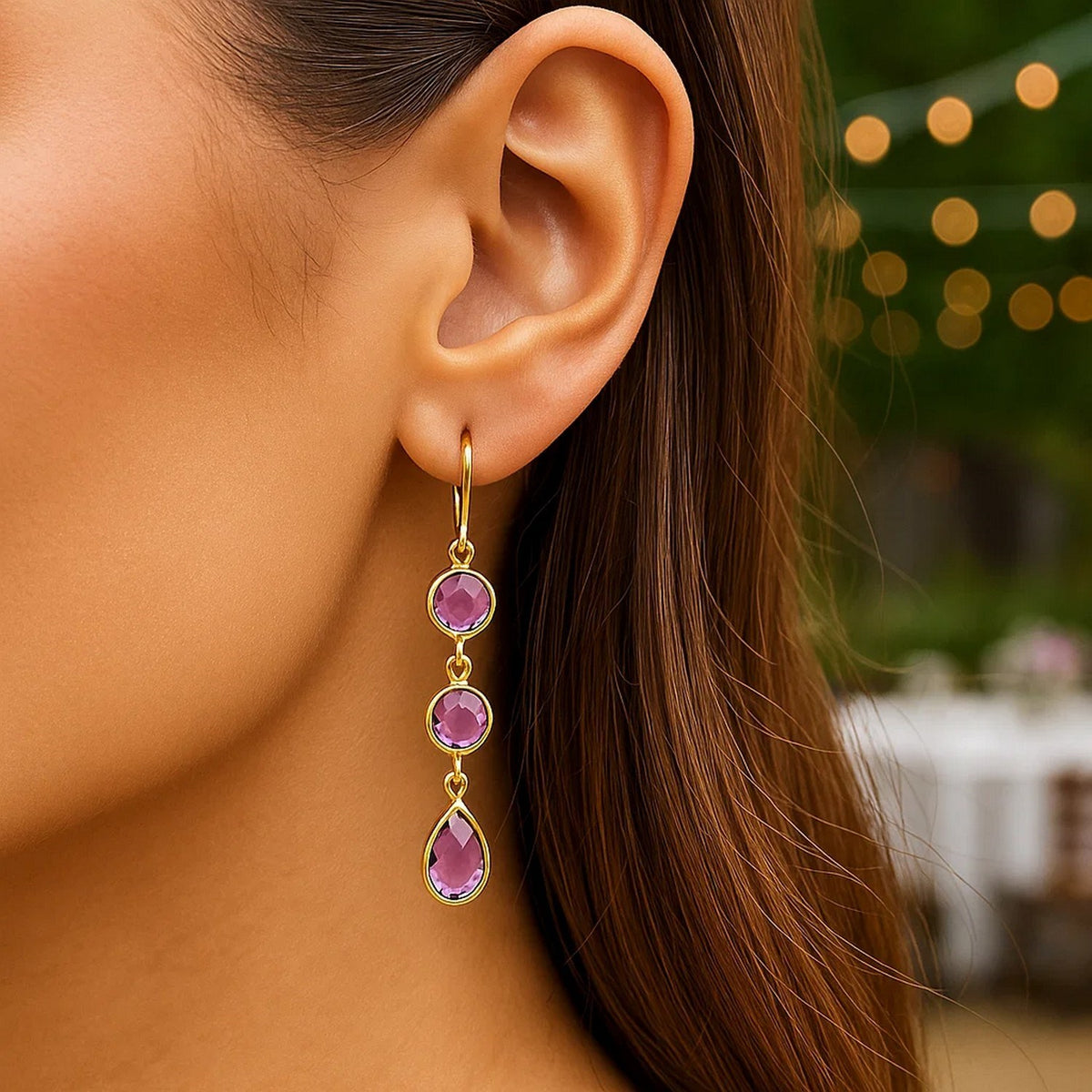 Drop Earrings with Round and Pear-Shaped Amethysts in 14k Yellow Gold