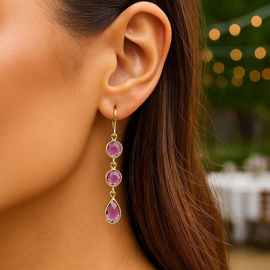Drop Earrings with Round and Pear-Shaped Amethysts in 14k Yellow Gold