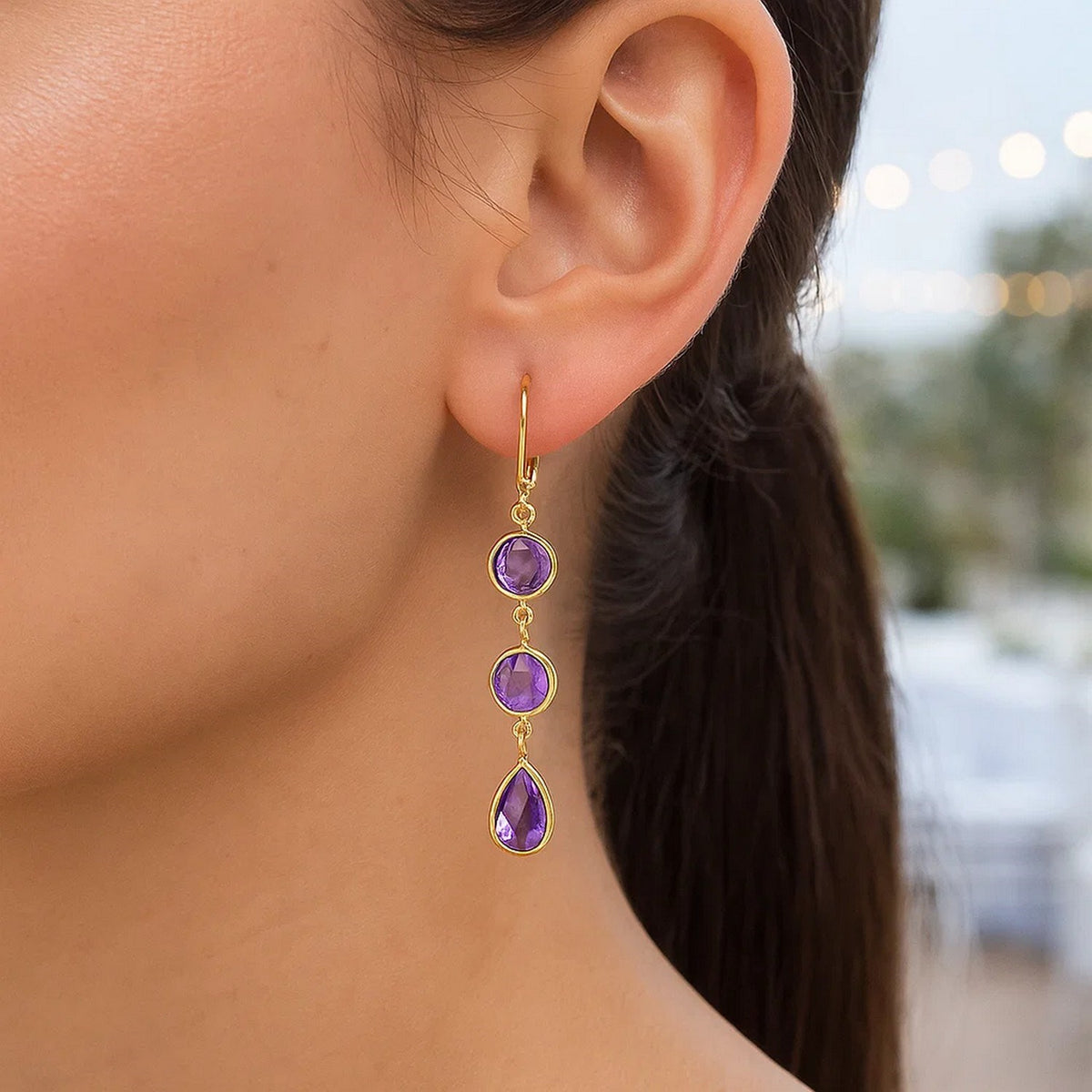 Drop Earrings with Round and Pear-Shaped Amethysts in 14k Yellow Gold