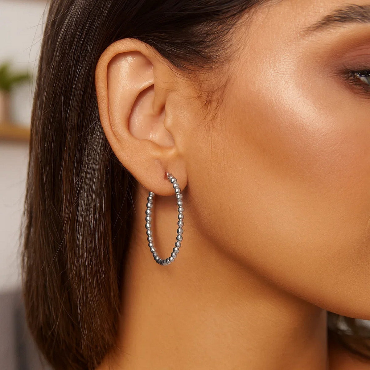 Sterling Silver Medium Bead Hoop Earrings