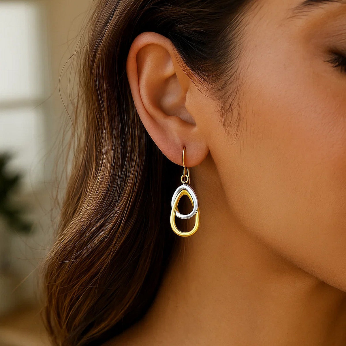 14k Two-Tone Gold Interlaced Open Teardrop Drop Earrings