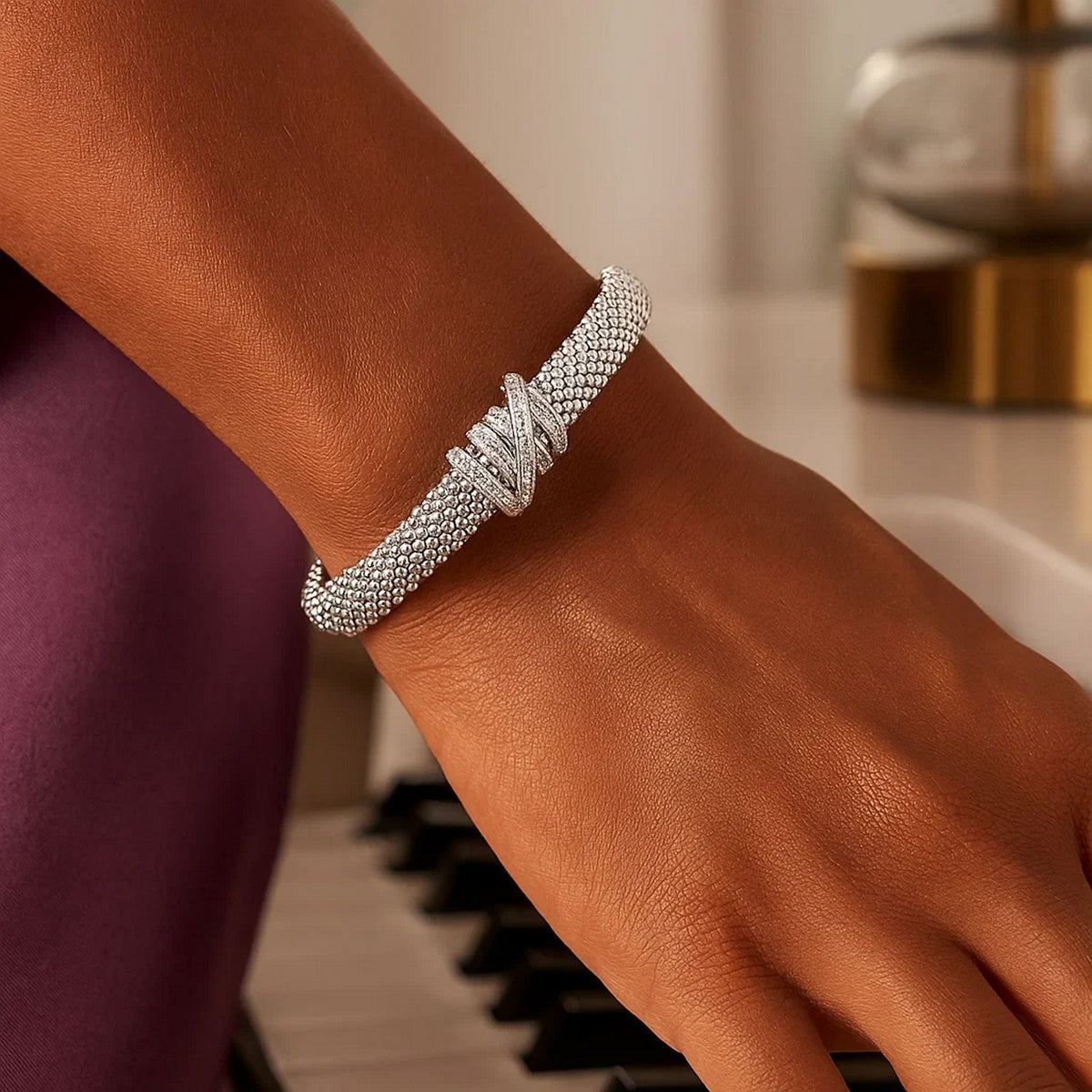 Popcorn Texture Cuff Bangle with Diamonds in Sterling Silver (8.00 mm)