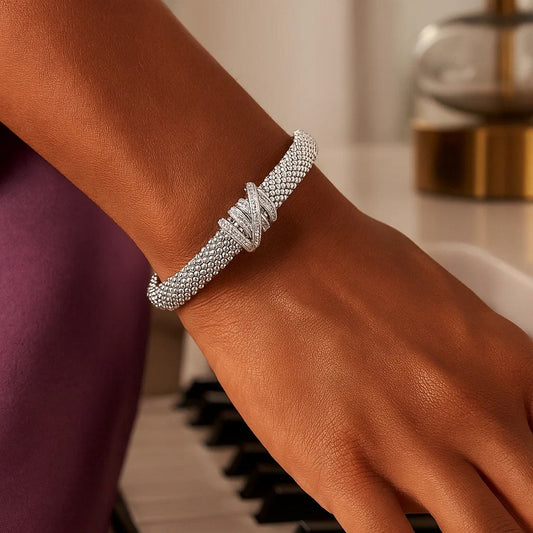 Popcorn Texture Cuff Bangle with Diamonds in Sterling Silver (8.00 mm)