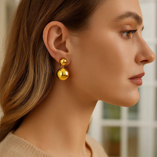 Sterling Silver Rhodium Plated Puffed Round Double Button Drop Earrings