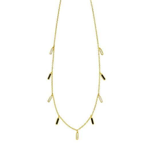 14K Yellow Gold Onyx And MOP Inlay Station Necklace