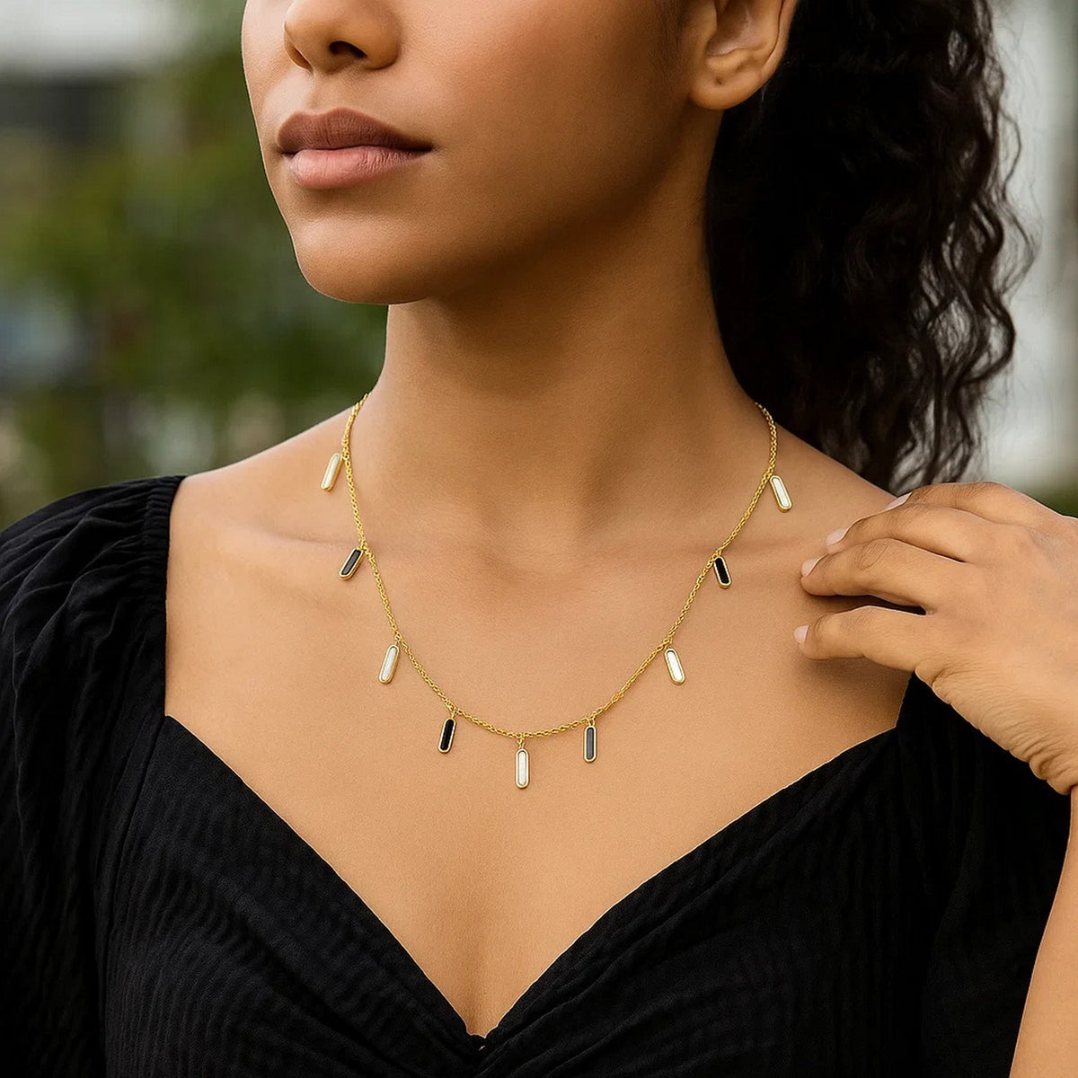 14K Yellow Gold Onyx And MOP Inlay Station Necklace