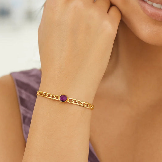 14K Yellow Gold Amethyst Curb Chain Bracelet (3.60 mm)