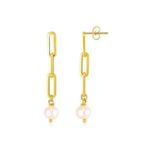 14k Yellow Gold Paperclip Chain Link Earrings with Pearls