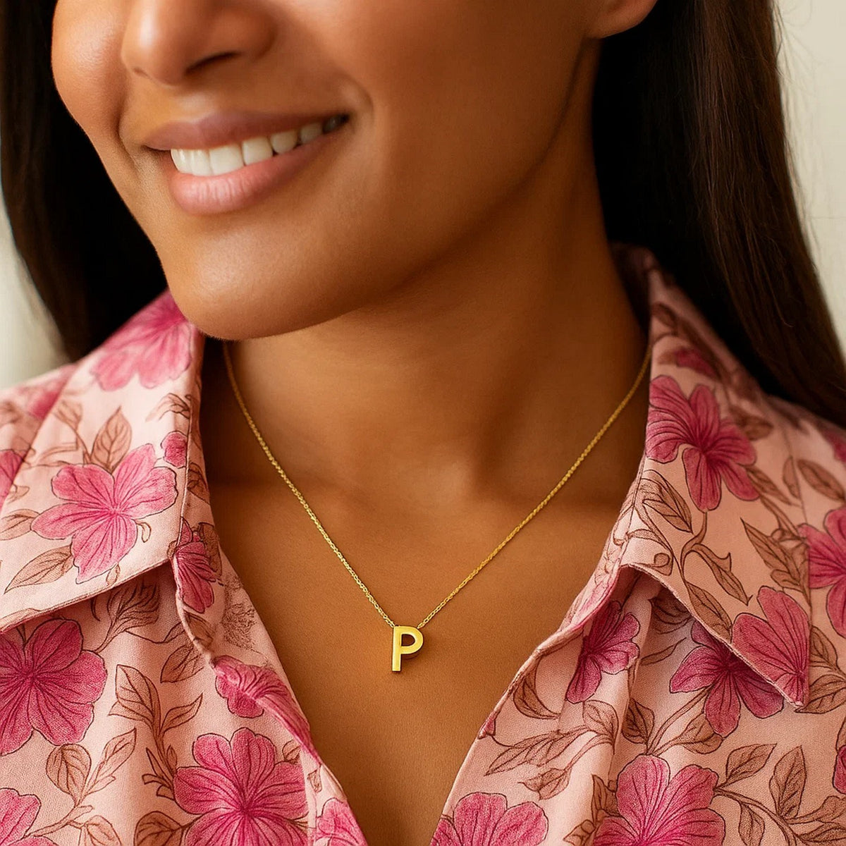 14K Yellow Gold Yours Truly Block Letter Initial P Necklace