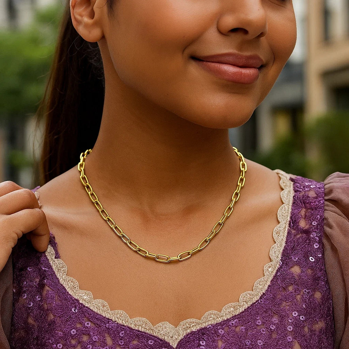14K Yellow Gold Charm Lock Paperclip Chain