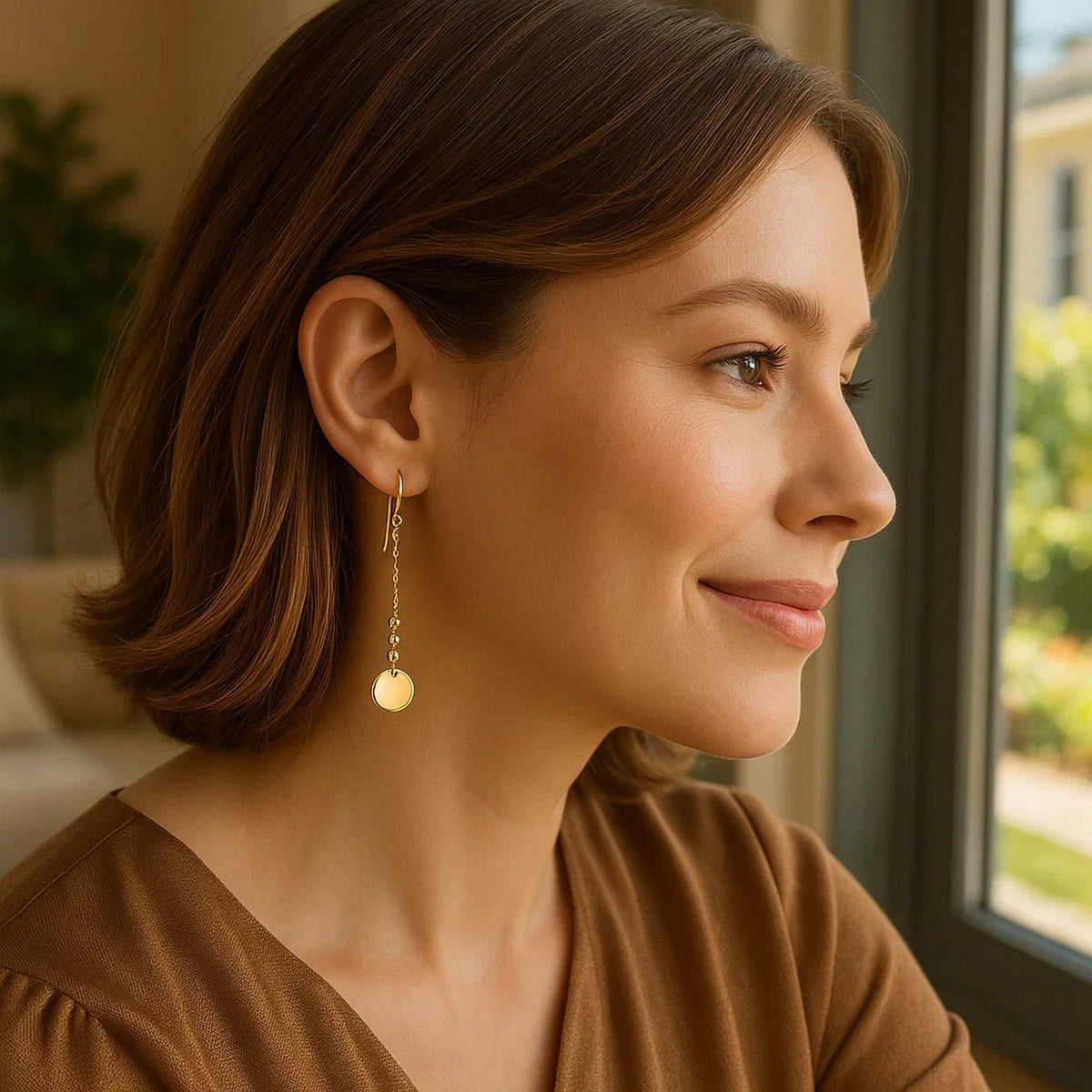 14k Yellow Gold Bead and Shiny Disc Drop Earrings