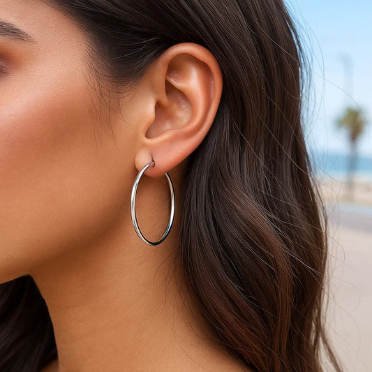 Sterling Silver Rhodium Plated Thin and Polished Hoop Style Earrings (2x35mm)