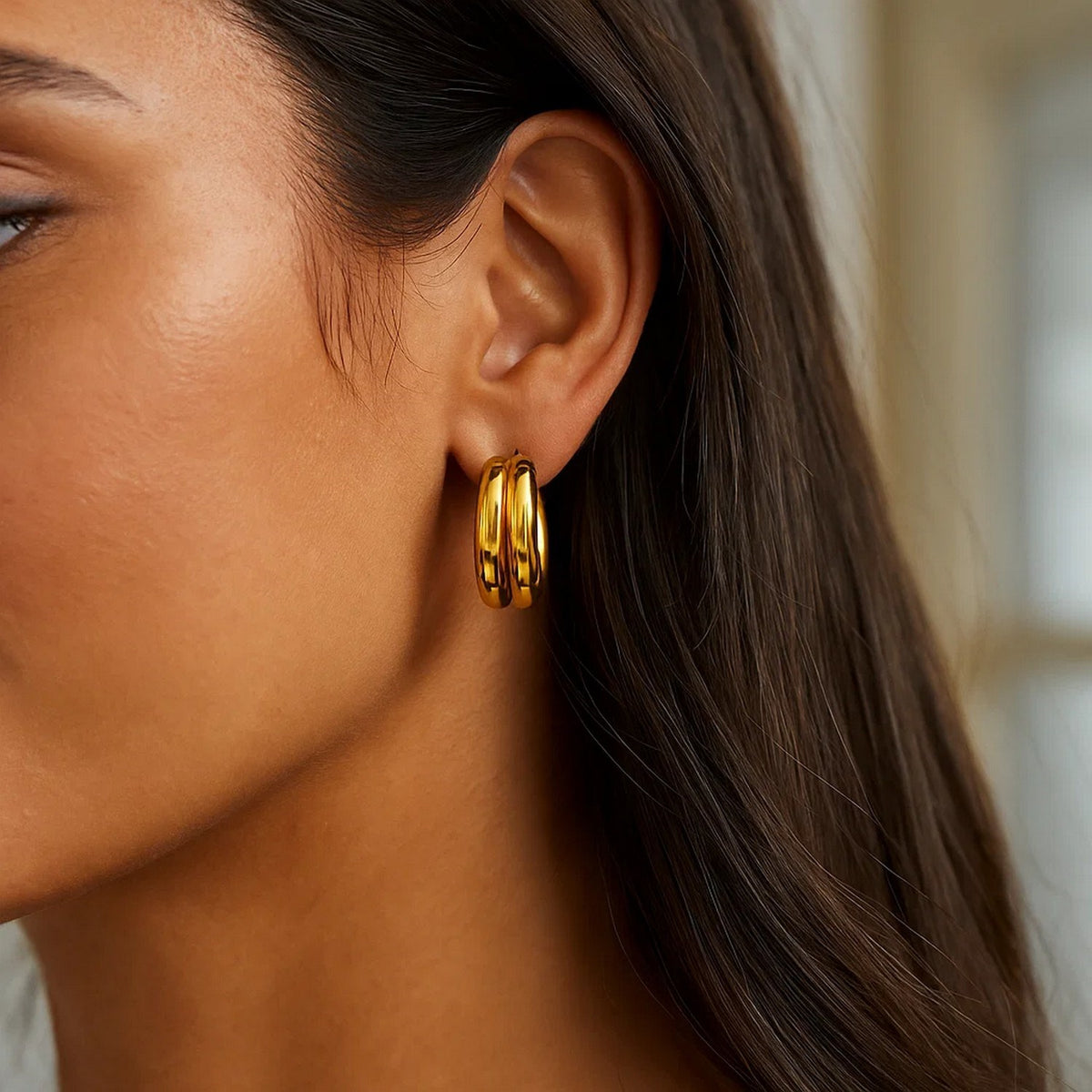 Sterling Silver Yellow Gold Plated Puffed Double Row Hoop Earrings