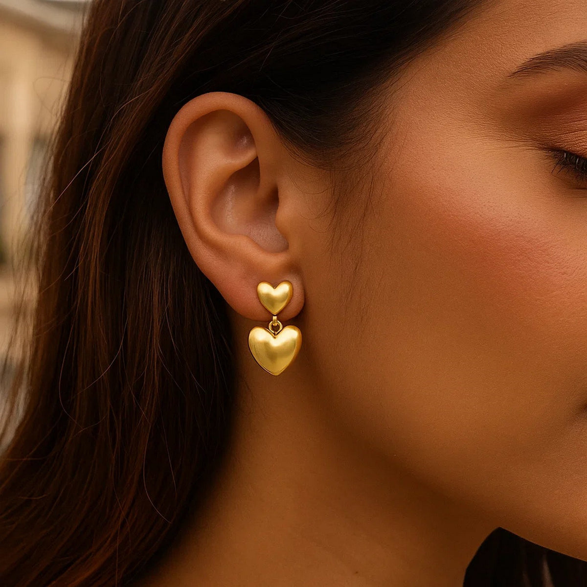Sterling Silver Yellow Gold Plated Puffed Double Heart Drop Earrings