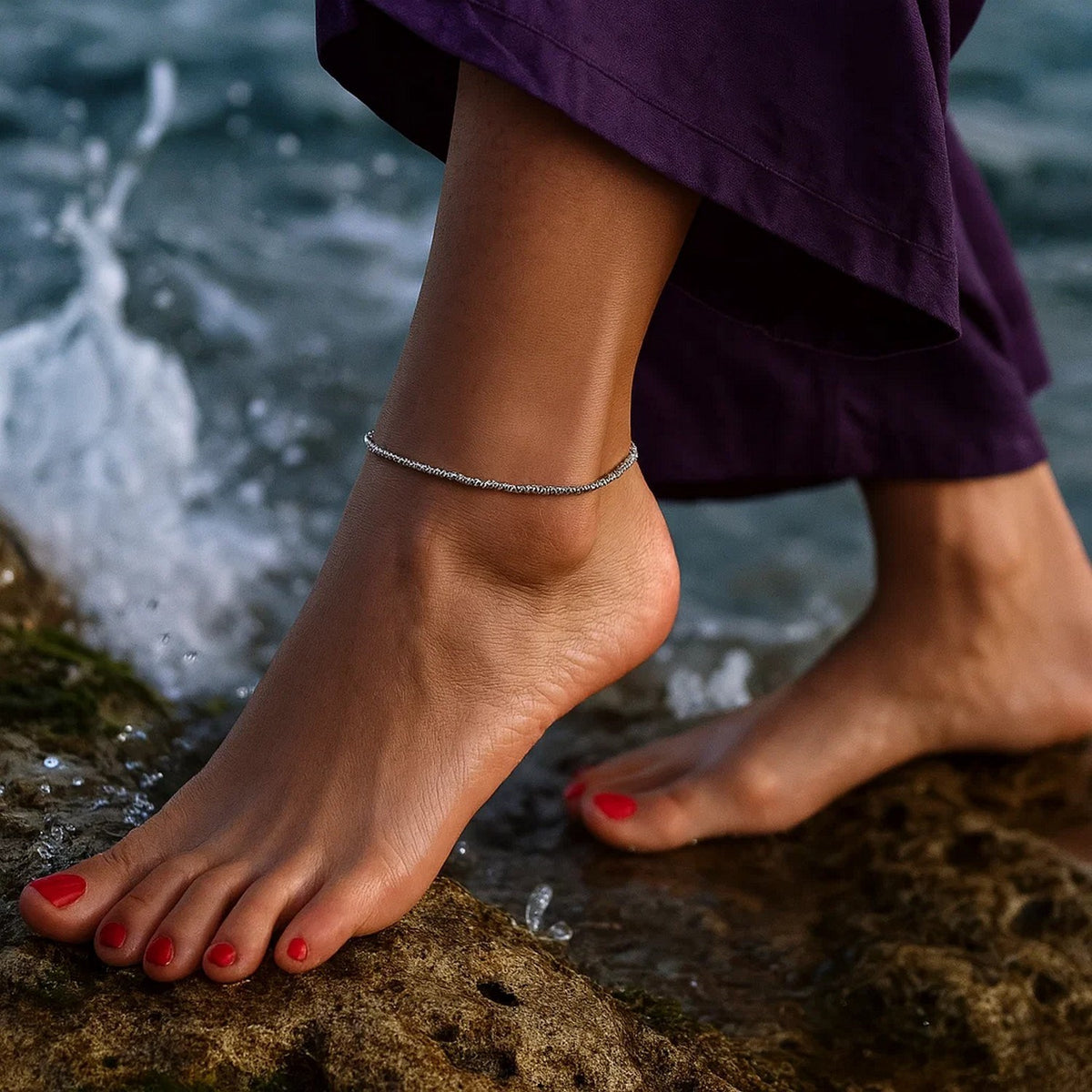 Sterling Silver Rhodium Plated Sparkle Anklet