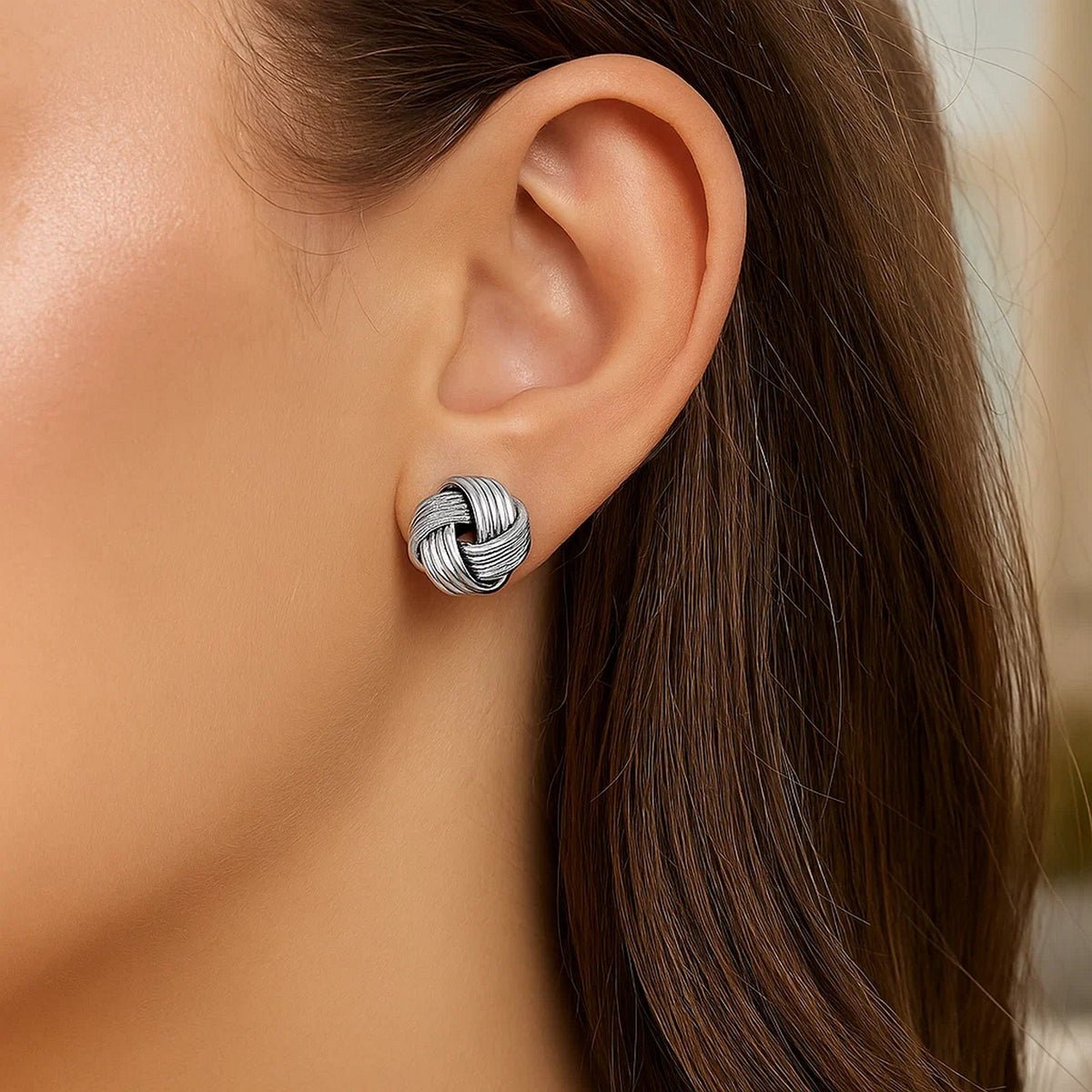 Sterling Silver Groove Textured Love Knot Earrings(14mm)
