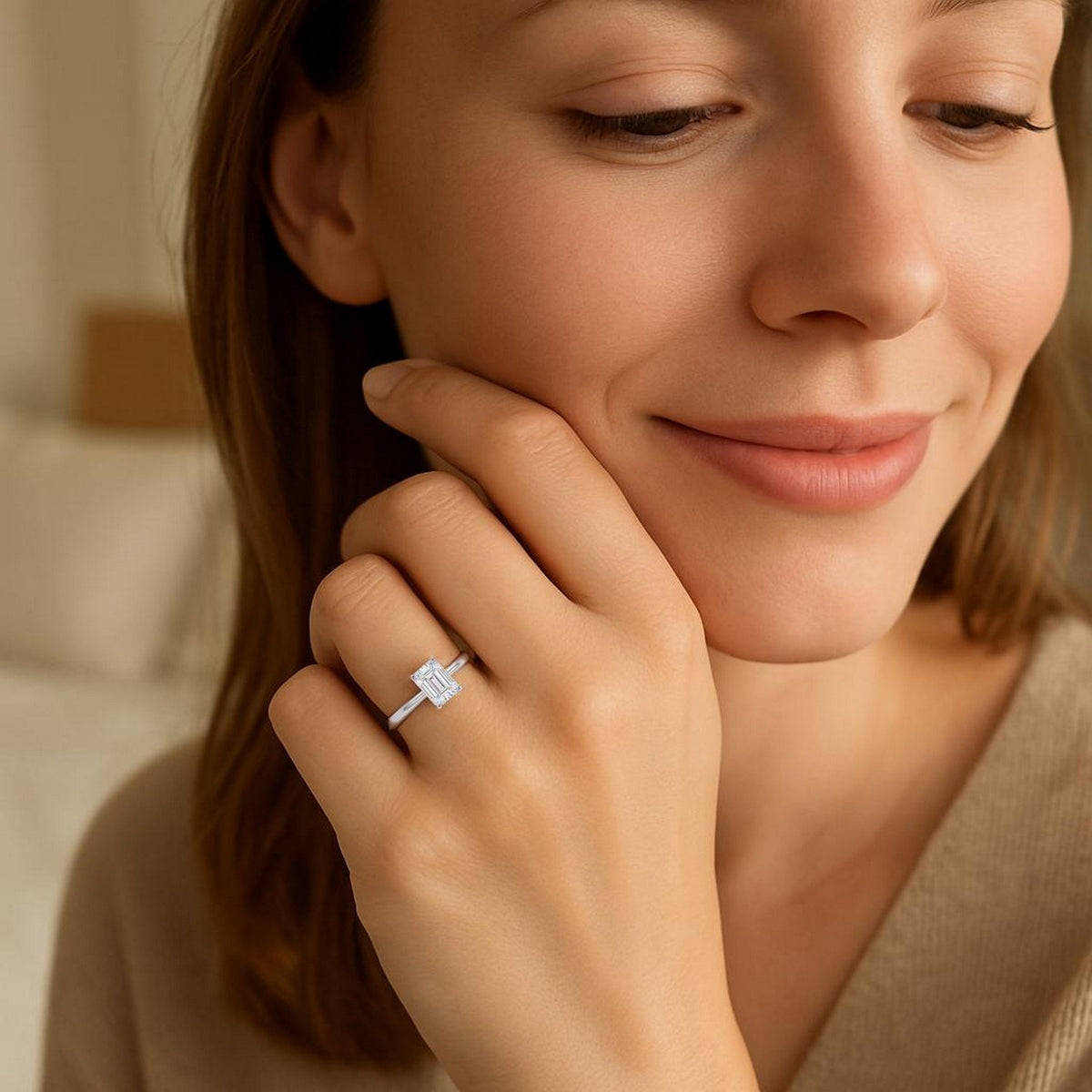 1 Carat Emerald Lab Grown IGI G/VS1 Diamond Solitaire Ring in 10K White Gold