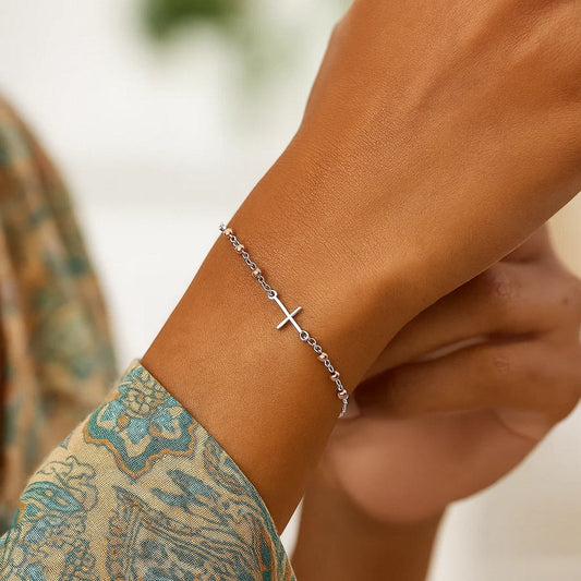 Sterling Silver White and Rose Finish Adjustable Bracelet with Cross (1.20 mm)