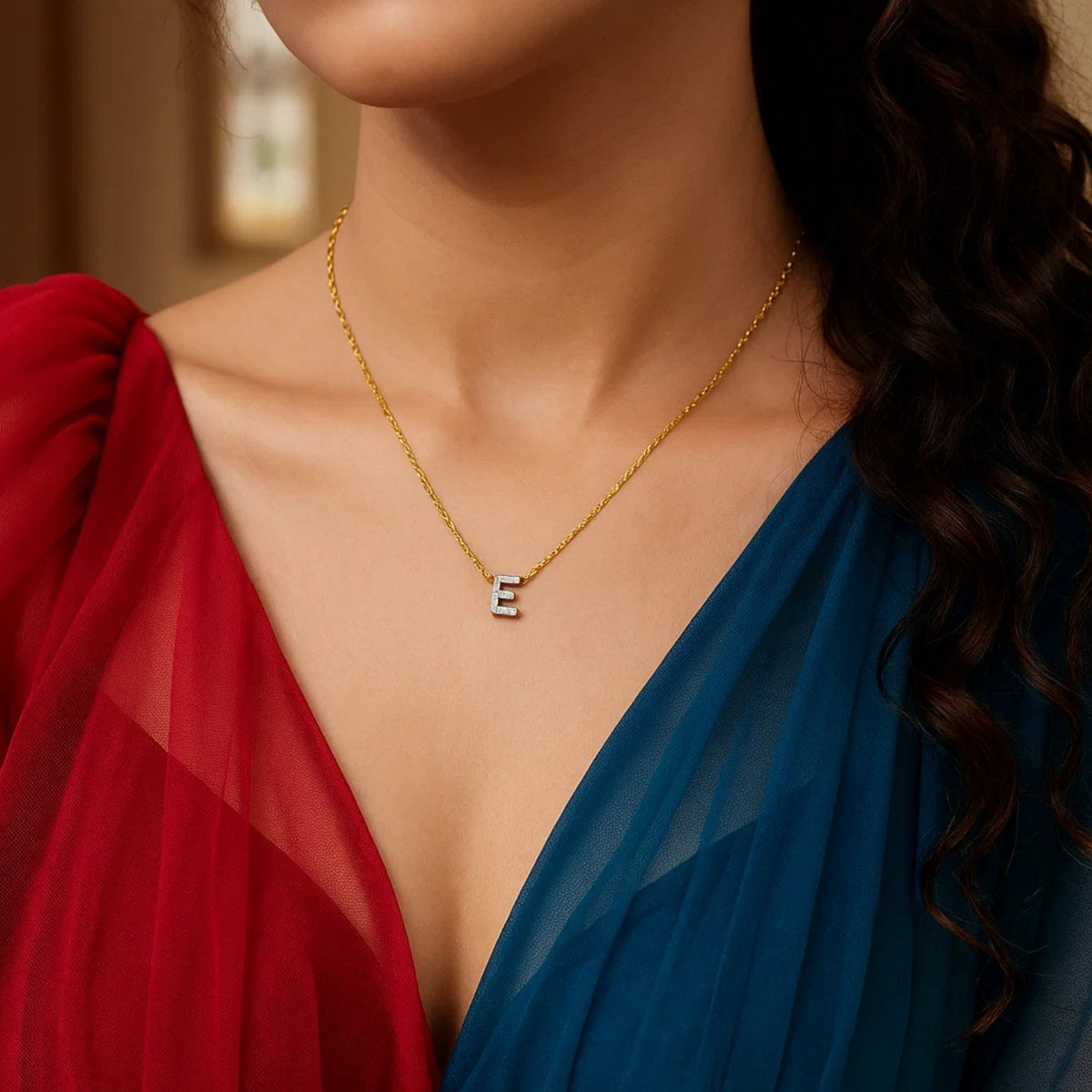 14K Yellow Gold Mini Diamond E Initial Pendant Necklace