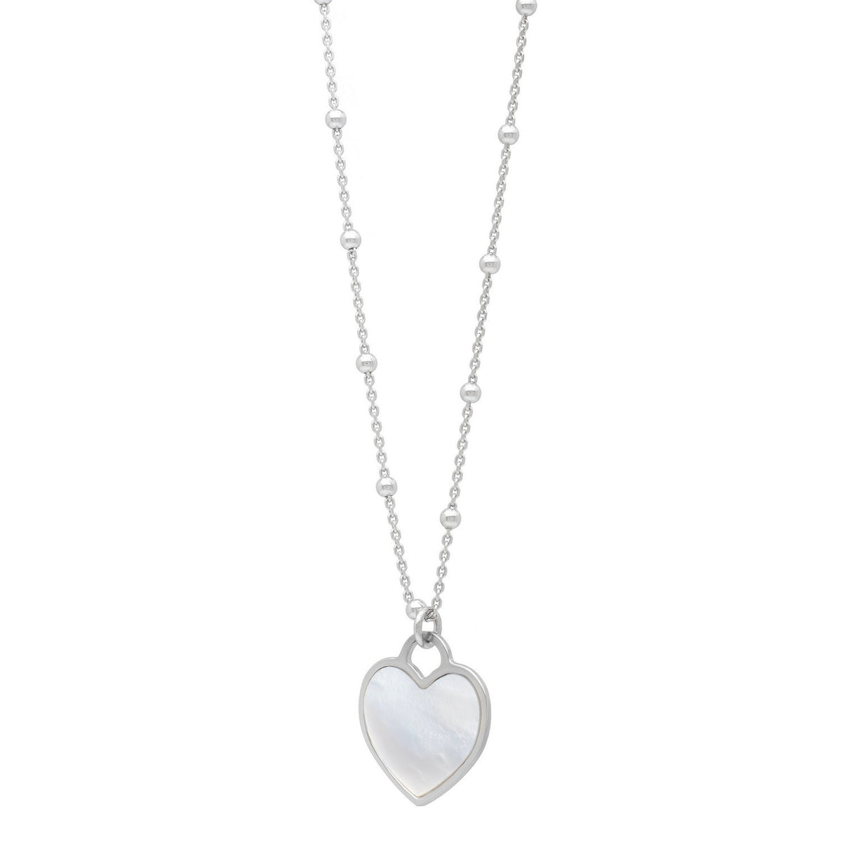 Sterling Silver Rhodium Plated and Mother of Pearl Heart Pendant Necklace