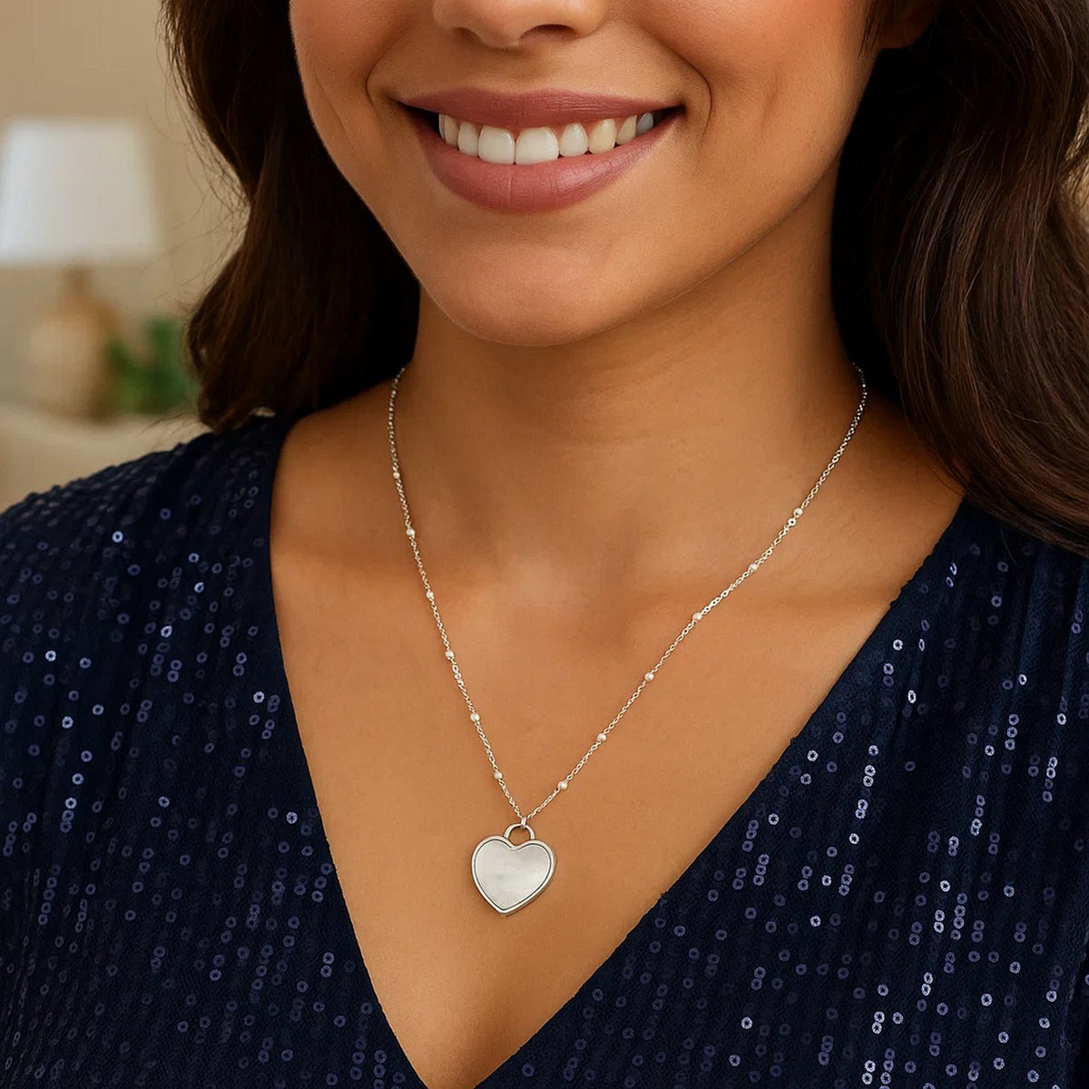Sterling Silver Rhodium Plated and Mother of Pearl Heart Pendant Necklace