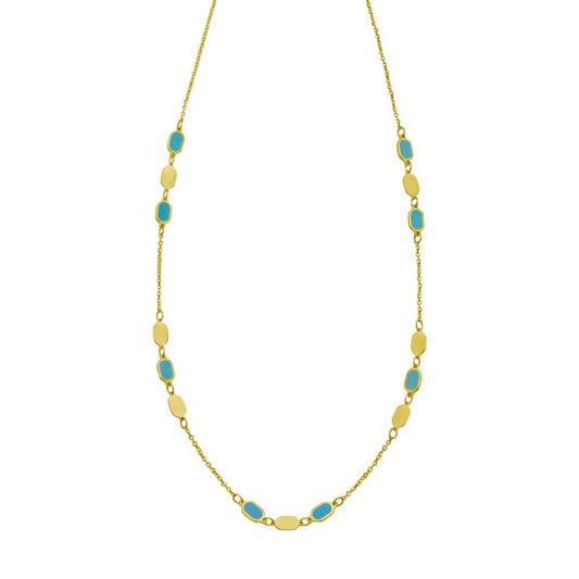 14K Yellow Gold Hexagon Turquoise Inlay Links Necklace