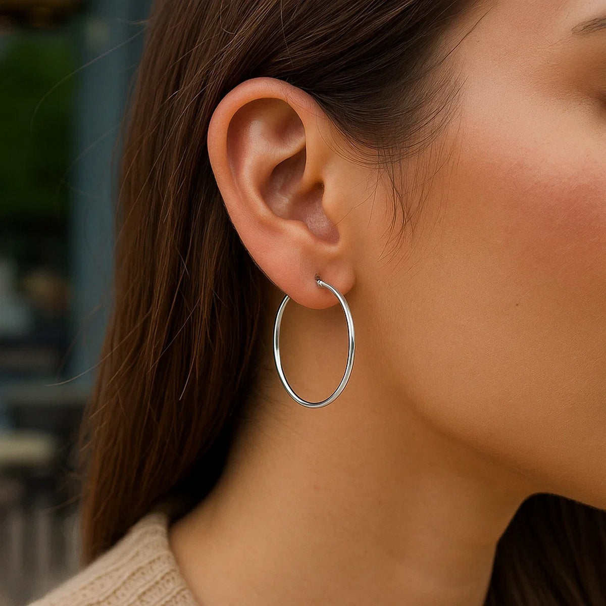 Sterling Silver Rhodium Plated Thin Large Polished Hoop Earrings (2x40mm)