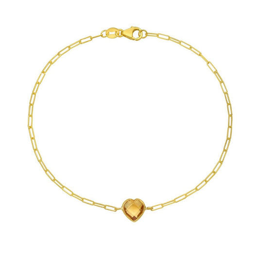14K Yellow Gold Citrine Heart Bracelet (1.50 mm)