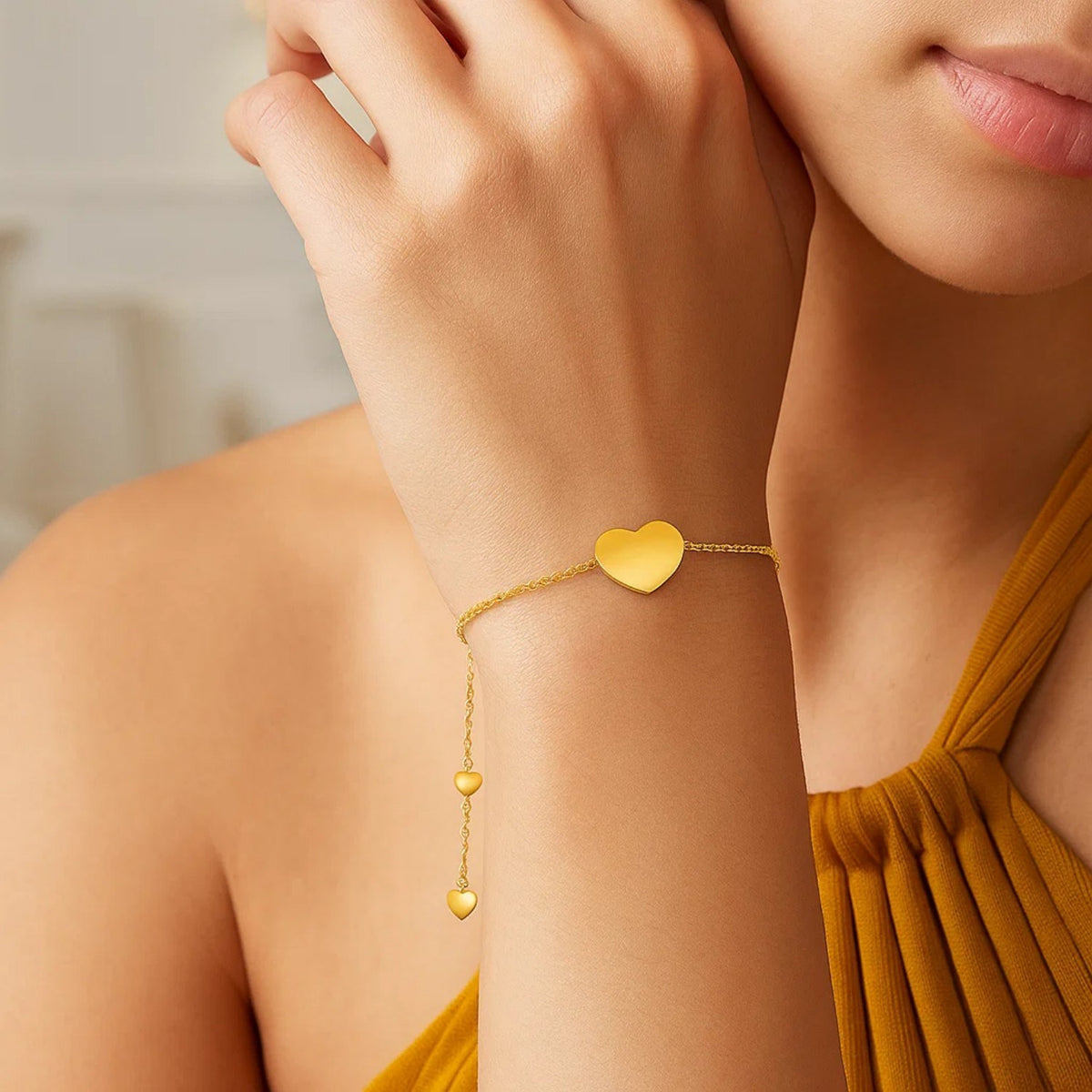 14k Yellow Gold Adjustable Heart Bracelet (0.90 mm)
