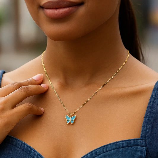 14k Yellow Gold High Polish Butterfly Turquoise Paste Necklace