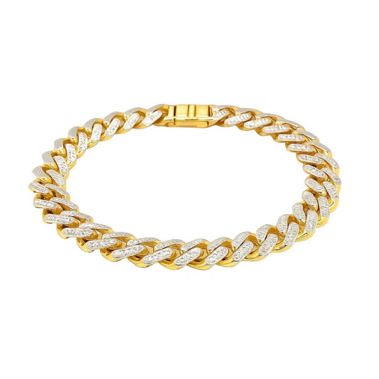 14k Two Tone Gold 8 1/4 inch Curb Chain Bracelet with White Pave (9.50 mm)
