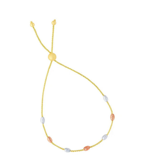 14k Tri-Color Gold Textured Oval Station Lariat Style Bracelet (1.20 mm)