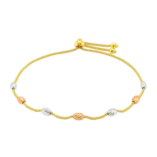 14k Tri-Color Gold Textured Oval Station Lariat Style Bracelet (1.20 mm)