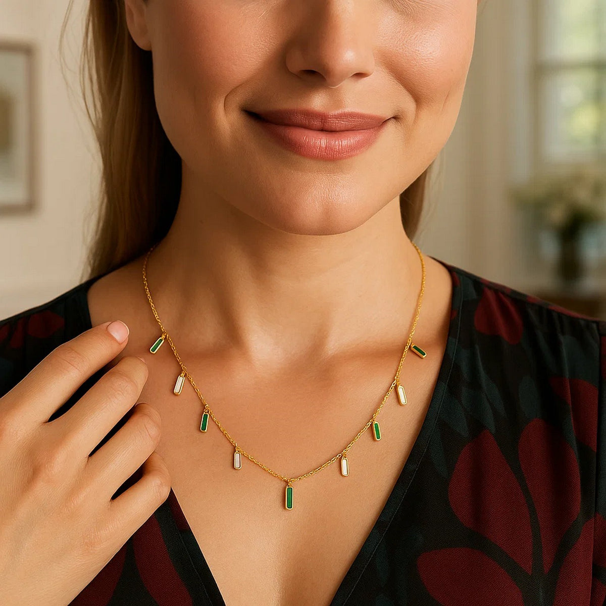 14K Yellow Gold Malachite And MOP Inlay Station Necklace