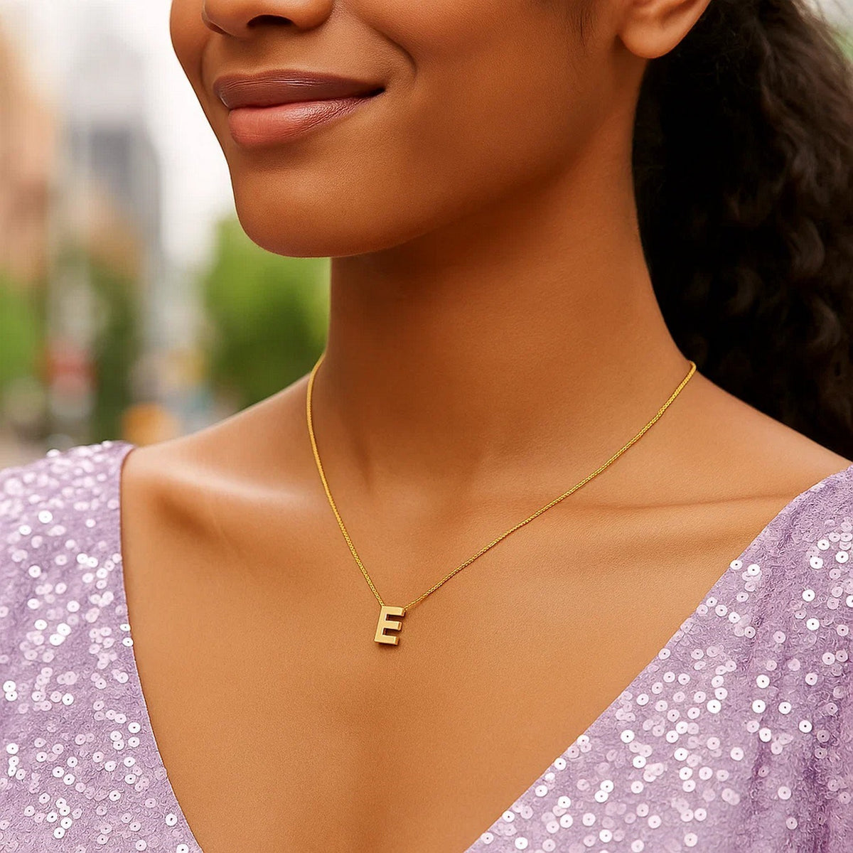 14K Yellow Gold Yours Truly Block Letter Initial E Necklace