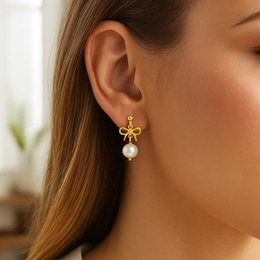 14K Yellow Gold Bow and Freshwater Pearl Drop Earrings