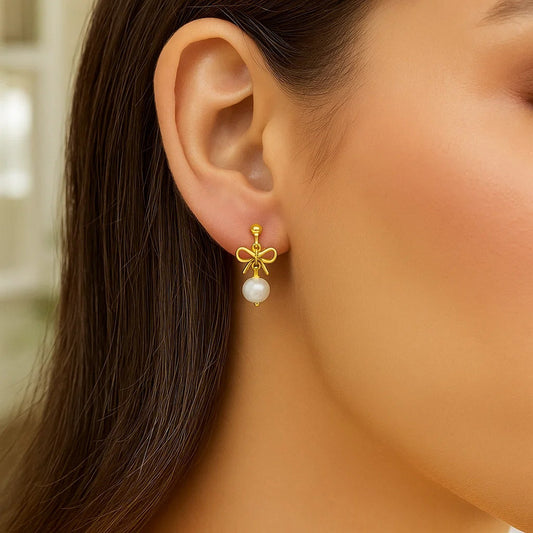 14K Yellow Gold Bow and Freshwater Pearl Drop Earrings