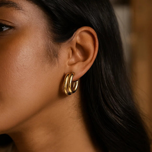 Sterling Silver Yellow Gold Plated Double Row Big and Small Round Hoop Earrings