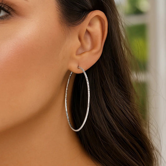 Sterling Silver Large Textured Round Hoop Earrings(1.6x70mm)