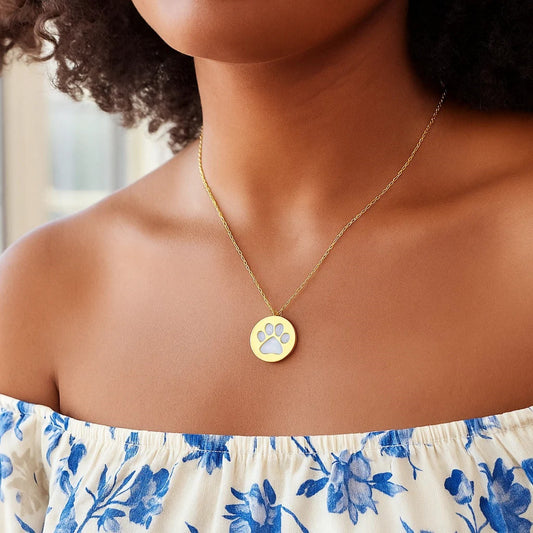14k Yellow Gold Necklace with Dog Paw Print Symbol in Mother of Pearl