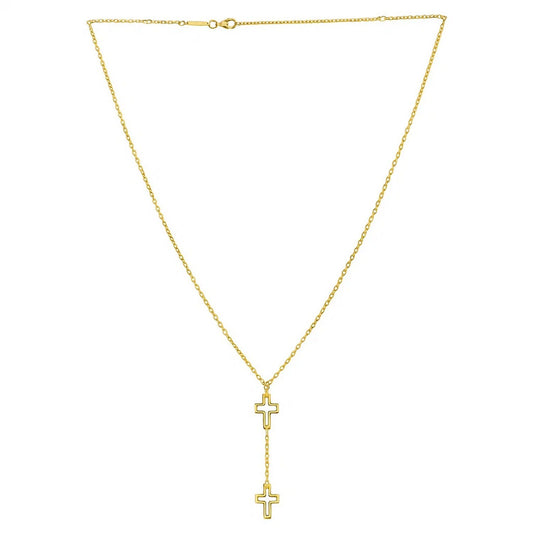 Double Cross Drop Necklace in 14K Yellow Gold