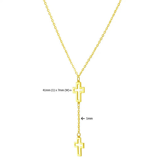 Double Cross Drop Necklace in 14K Yellow Gold