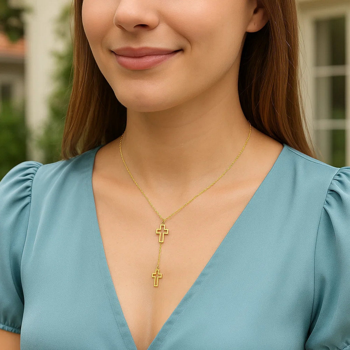 Double Cross Drop Necklace in 14K Yellow Gold
