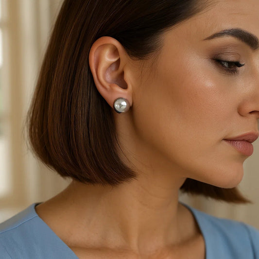 Sterling Silver Rhodium Plated Puffed Button Omega Earrings