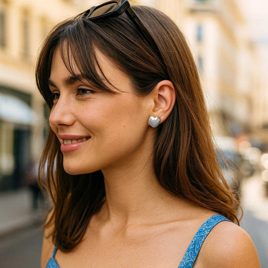 Sterling Silver Rhodium Plated Puffed Large Heart Stud Earrings