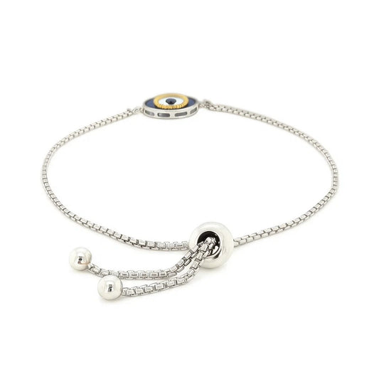 Sterling Silver Adjustable Two Toned Enameled Evil Eye Friendship Bracelet