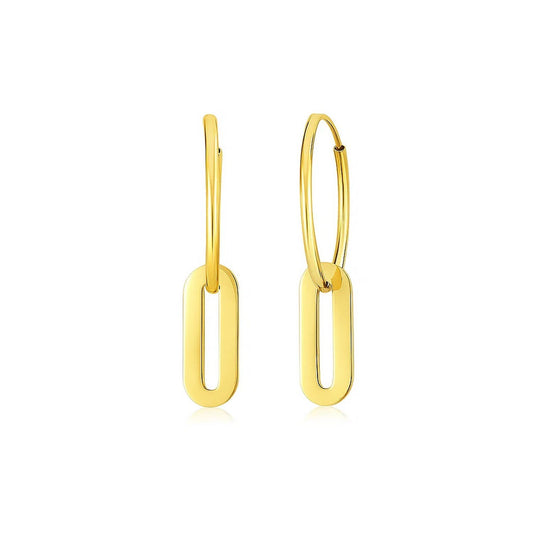 14k Yellow Gold Huggie Style Hoop Earrings with Paperclip Link Drops