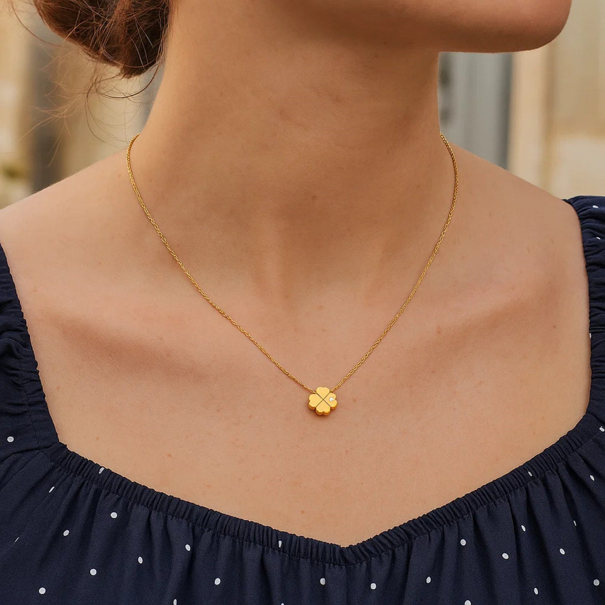 14k Yellow Gold Polished Four Leaf Clover Necklace with Diamond